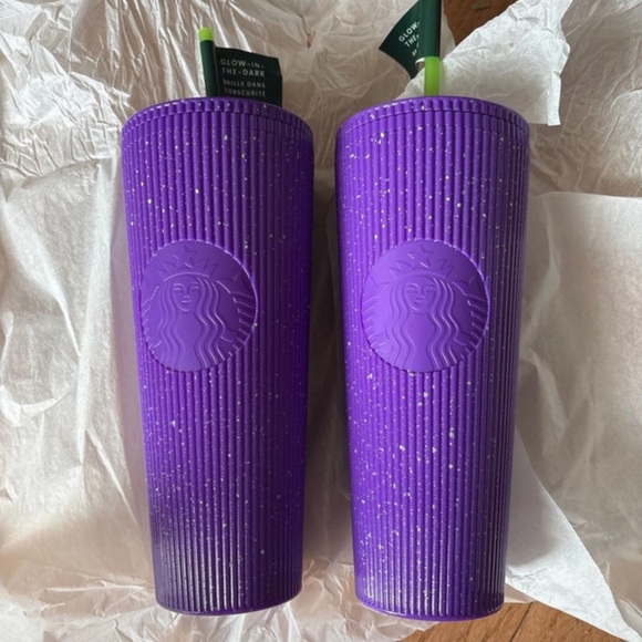 Starbucks Other - Starbucks Purple Ribbed Tall Tumblers with Green Straws (Pair)